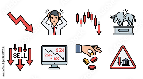 Stock Market Crash and Financial Loss Icon Set with Bear Market Sell Signal Falling Chart Trading Loss and Investment Risk