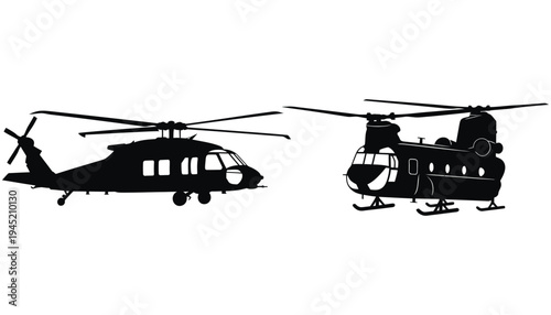 Helicopter silhouette vector illustration with rotor blades and skis