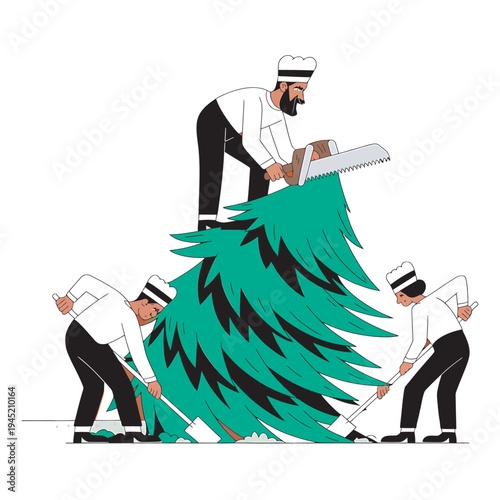 Men cutting down and moving pine trees for winter holidays, chopping wood for firewood