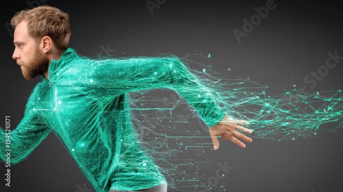 Dynamic runner in motion digital environment action-packed scene futuristic technology close-up view innovative concept