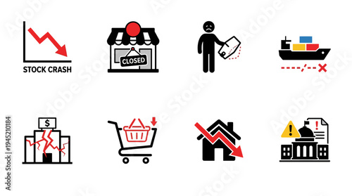 Economic Crisis and Business Collapse Icon Set with Stock Crash Closed Store Job Loss Housing Market Decline and Financial Recession