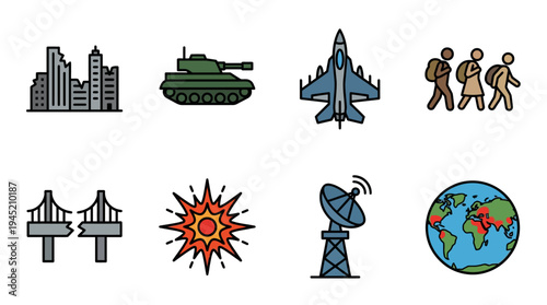 Global Geopolitics and International Power Icon Set with Tank Fighter Jet World Map Military Conflict and Global Strategy Concept