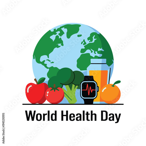 World Health Day concept with Earth globe, fresh fruits, vegetables, and fitness tracker for healthy lifestyle awareness
