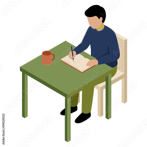 A boy sits at a table writing in a notebook with a mug