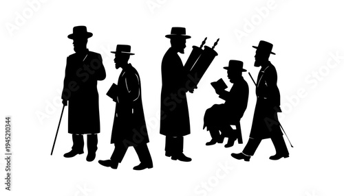 Orthodox Jewish men walking in a line silhouette illustration