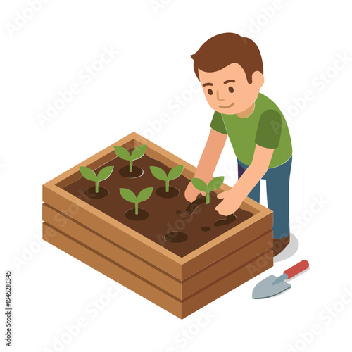 A man is planting seedlings in a raised garden bed outdoors.