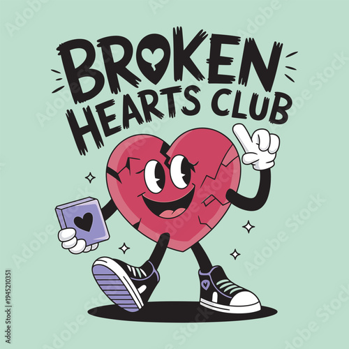 Happy broken heart character holding phone, broken hearts club concept