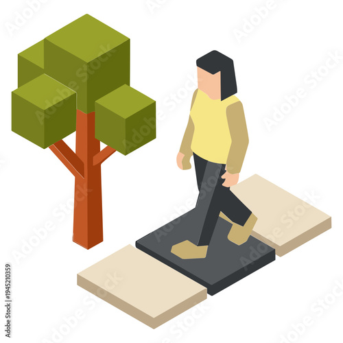 A person walks on blocks beside a cube-shaped tree in a stylized scene.