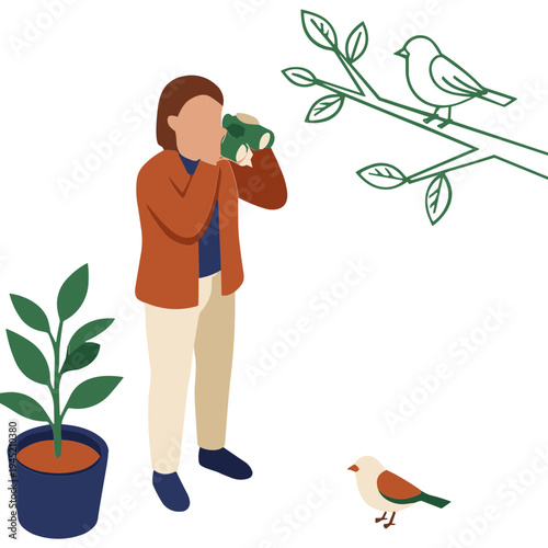 Woman uses binoculars to observe bird on branch near plant and another bird.