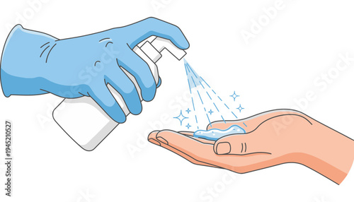 A gloved hand spraying hand sanitizer onto an outstretched palm