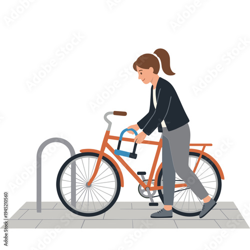 Woman securing orange bicycle with blue lock on sidewalk rack