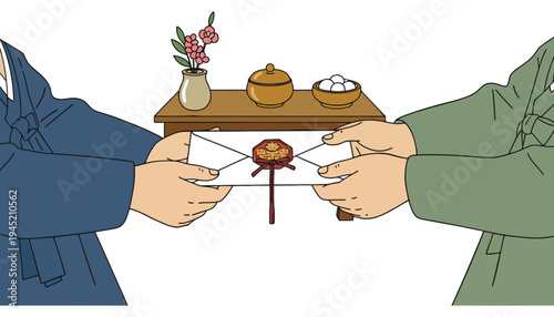 A person in blue robe handing over sealed envelope to another person in green robe