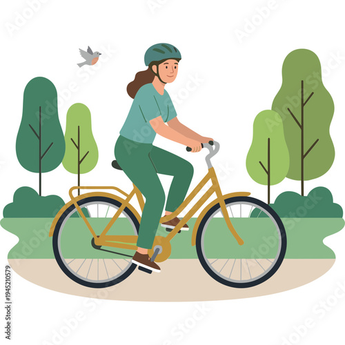 Woman rides bicycle through park with trees and bird flying overhead quickly