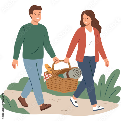 A couple walking together on a path holding a picnic basket outdoors
