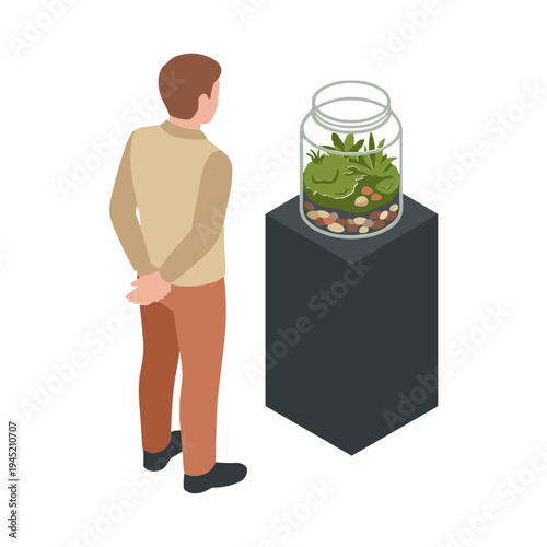 Man observes a terrarium on a pedestal with plants and stones inside.