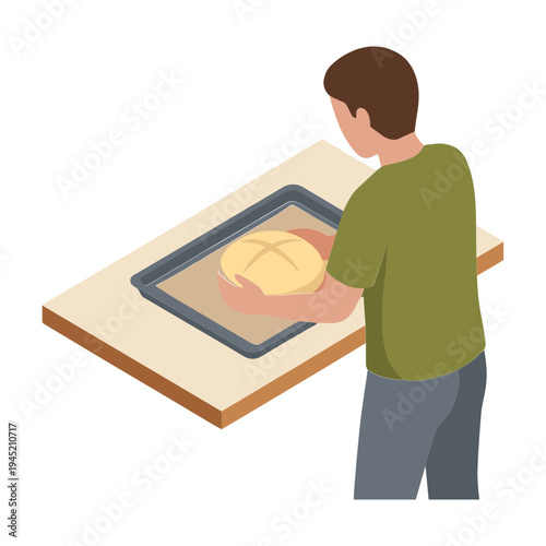 Man baking bread on a baking sheet in a kitchen environment
