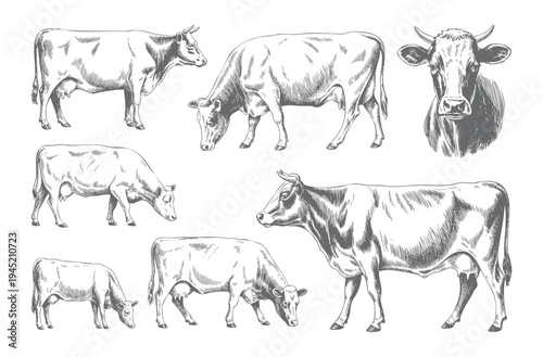 Collection of farm cows illustrated in vintage ink engraving line art. Engraved farm cattle drawings isolated on white background.