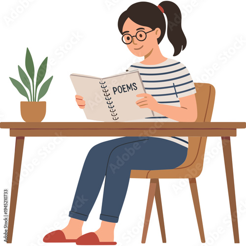 Woman sits reading poems book at wooden desk with plant nearby indoors