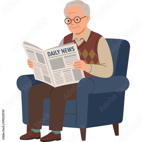 An elderly man reading a newspaper while sitting comfortably in a chair at home.