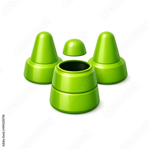 Three green geometric cones stacked in a triangular formation with a central base