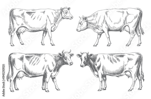 Collection of farm cows illustrated in vintage ink engraving line art. Engraved farm cattle drawings isolated on white background.