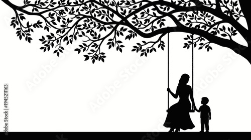Silhouette of a mother and child under a large tree with a swing