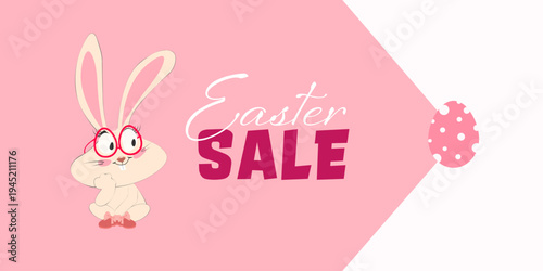 Easter sale banner with cartoon bunny wearing glasses and decorative Easter egg on pink background. Spring holiday promotion design. Vector