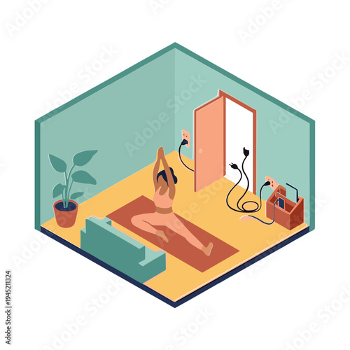 A person meditates on a mat in a room with a plant and headphones.