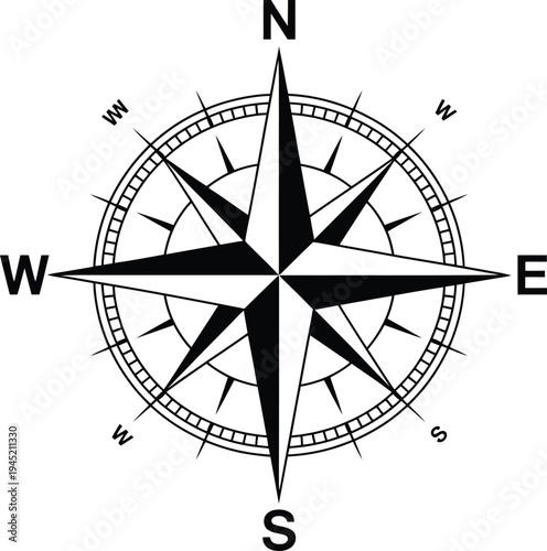 Nautical compass rose illustration, black and white vector design of classic maritime navigation symbol for map charts sailing and nautical decor.