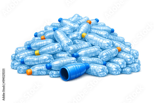 A colorful pile of stacked plastic water bottles in various shades of blue.