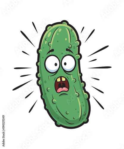 Scared green pickle character with wide eyes and open mouth cartoon vegetable vector