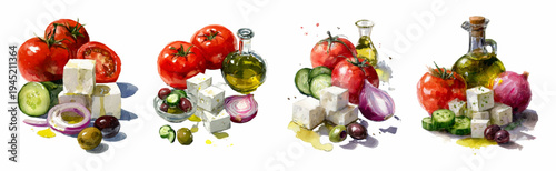 Watercolor painting depicting fresh greek salad ingredients, featuring vibrant tomatoes, sliced cucumber, red onion, black and green olives, cubed feta cheese, and a bottle of olive oil