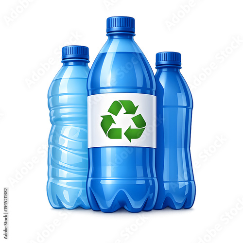 Recycling symbol displayed on blue plastic water bottles