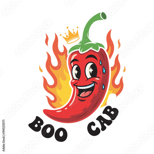 Cute cartoon chili pepper character wearing crown and on fire text boo cab