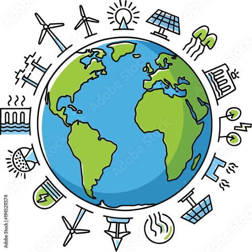 Concept of global sustainable energy generation illustrated by various renewable power icons encircling planet Earth
