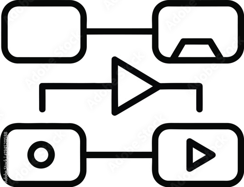 Simple black and white outline icon representing a modern data processing workflow or a conceptual diagram illustrating a sequential business process flow.
