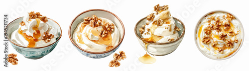 Various bowls of creamy greek yogurt drizzled with golden honey and topped with crunchy walnuts, presenting a healthy and delicious mediterranean dessert ingredient