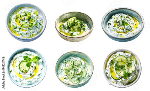 Six individual bowls of creamy tzatziki yogurt dip with fresh cucumber, olive oil, and various herbs, featuring variations for classic mediterranean and greek appetizer recipes