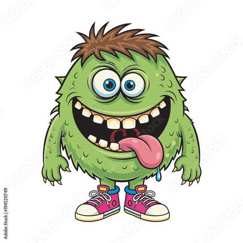Silly green hairy monster character with tongue out wearing pink sneakers isolated