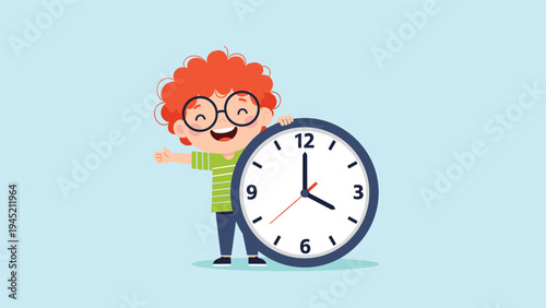 Cheerful young boy with orange curly hair and glasses gives a thumbs up while standing behind a large clock.