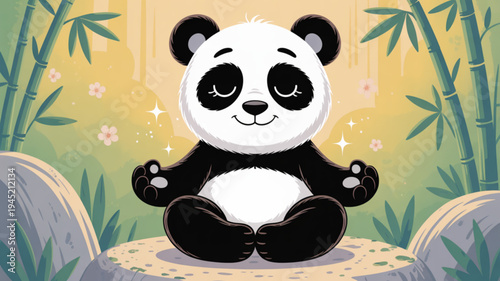 Cute panda bear meditating in serene natural setting with bamboo plants and flowers peaceful expression