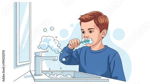 Diligent young boy with brown hair brushing his teeth in front of a bathroom mirror while covered in white toothpaste foam and bubbles.