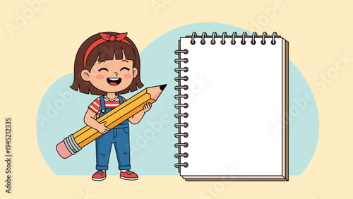 Happy young girl with a red headband holds a giant yellow pencil while standing next to a large blank spiral notebook for drawing.