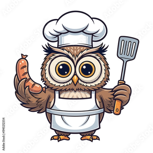 Owl chef wearing white apron and hat holding grilled sausage and metal spatula tool