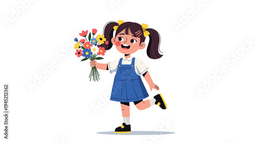 Sweet little girl with dark pigtails and blue overalls holds a beautiful bouquet of colorful spring flowers while posing happily.