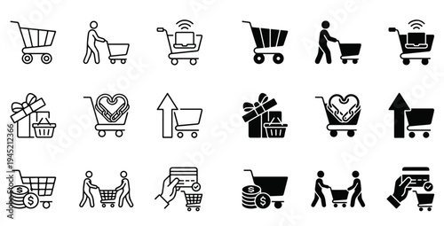 Shopping Cart Icon Set, E-commerce Online Store Trolley Vector Symbols, Retail Marketing and Digital Consumerism Flat Line Icons Collection