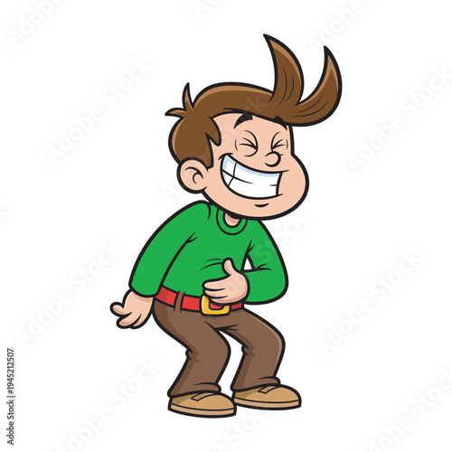 Cartoon boy laughing with eyes closed and hand on stomach, uncontrollable joy