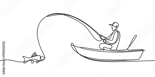 Man fishing from boat catching fish minimalist one line vector