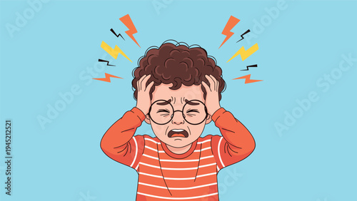 Distressed young boy with glasses holds his head and cries while lightning bolt symbols represent a painful headache or loud noise.