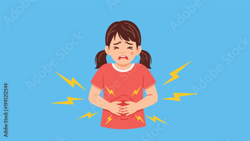 Suffering young girl in a red shirt holds her stomach in pain while yellow lightning symbols illustrate the sensation of a stomachache.